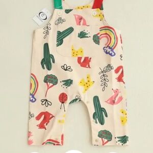 MiniOlie Multicolor Animal Print Overalls and 3D Dino Bucket Hat
